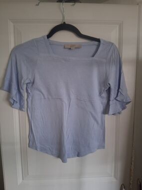 LOFT Pale Blue Ruffle Sleeve Square Neck Top